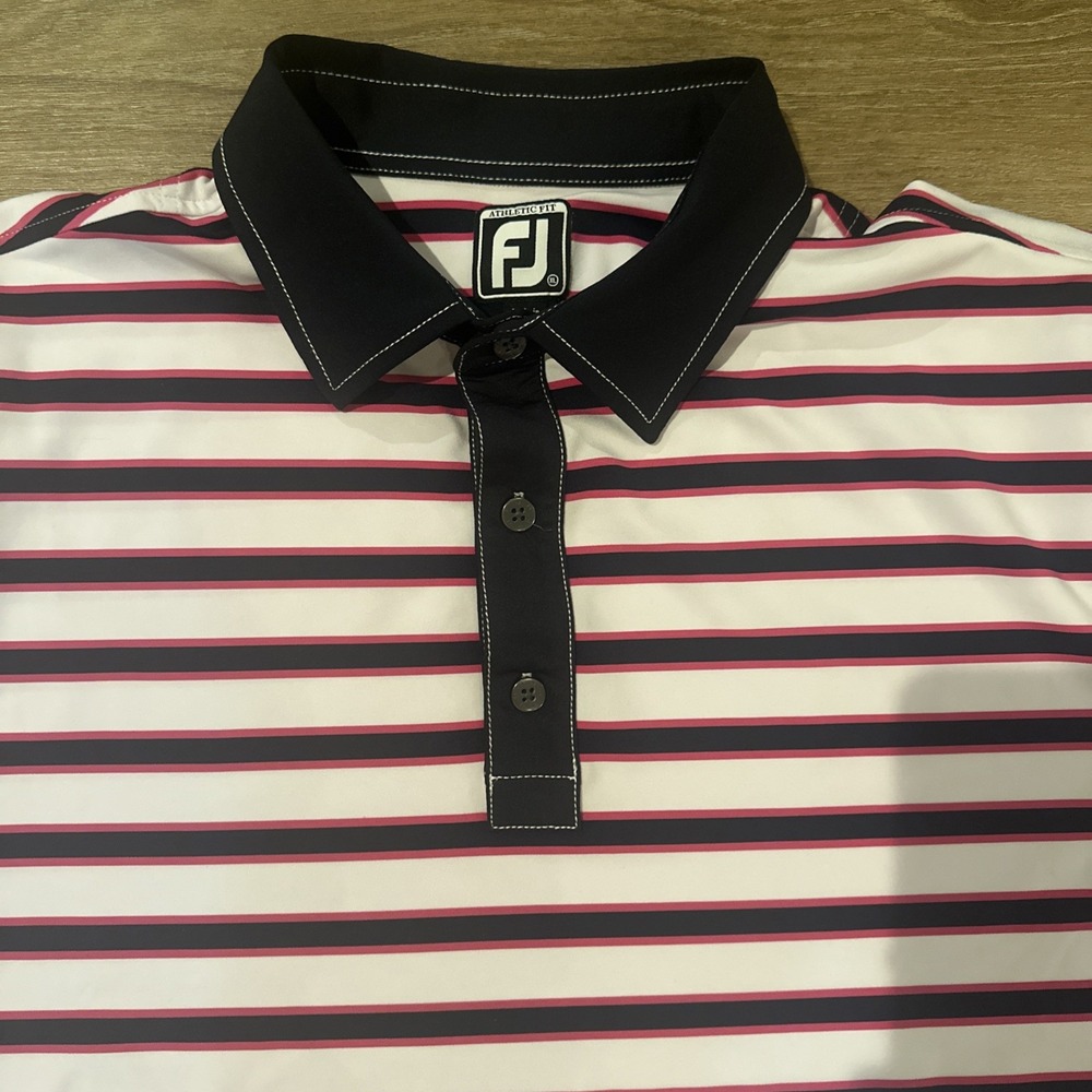 Footjoy Men's XL Pink Navy Blue Striped Golf Polo Performance Stretch Athletic